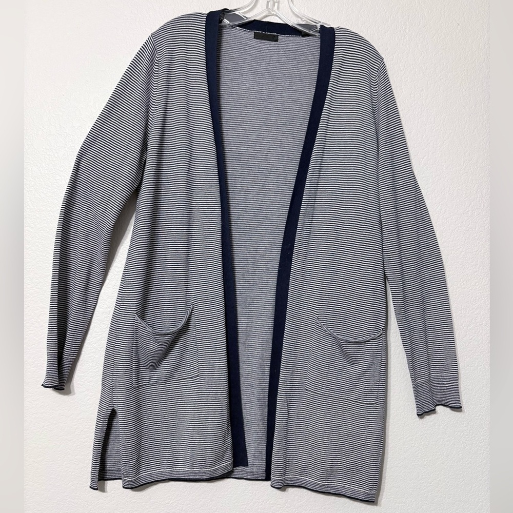 ATM Silk Wool Cashmere Navy White Striped Open Front Long Lightweight Cardigan S